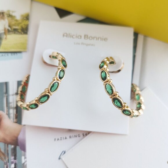 New Alicia Bonnie Abbie Radiant Green Crystal Hoop Earrings Gold - Picture 1 of 4
